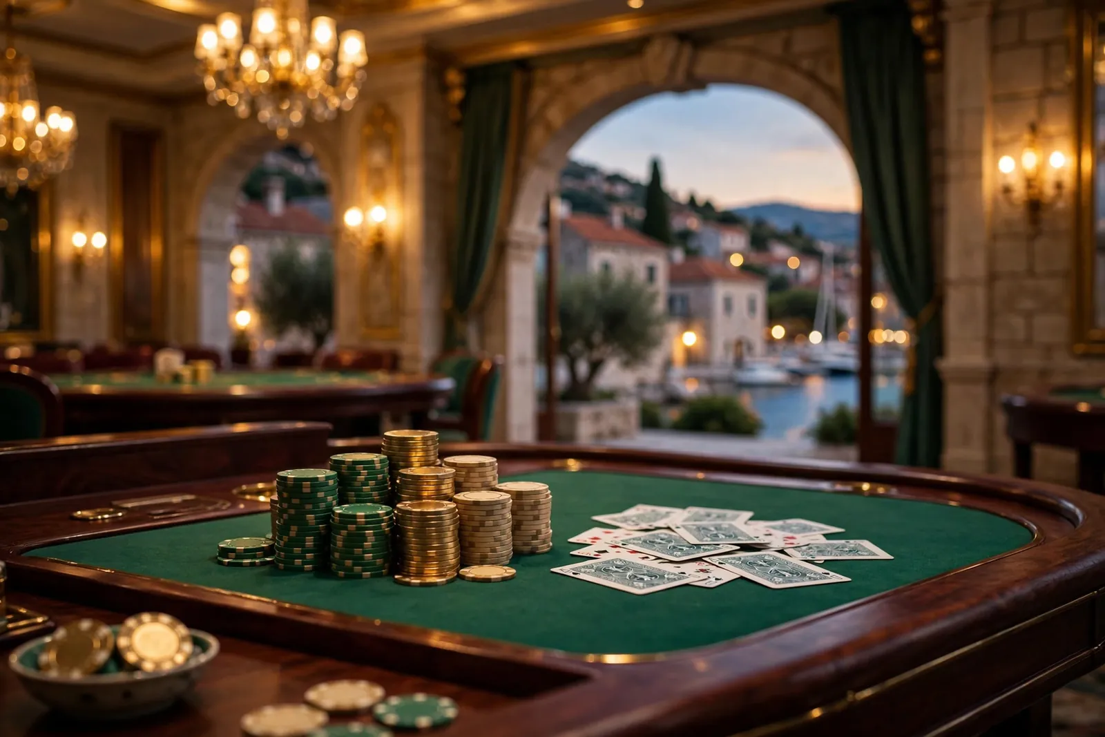 Elegantno unutarnje kazino okruženje sa stolom za baccarat i ulozima