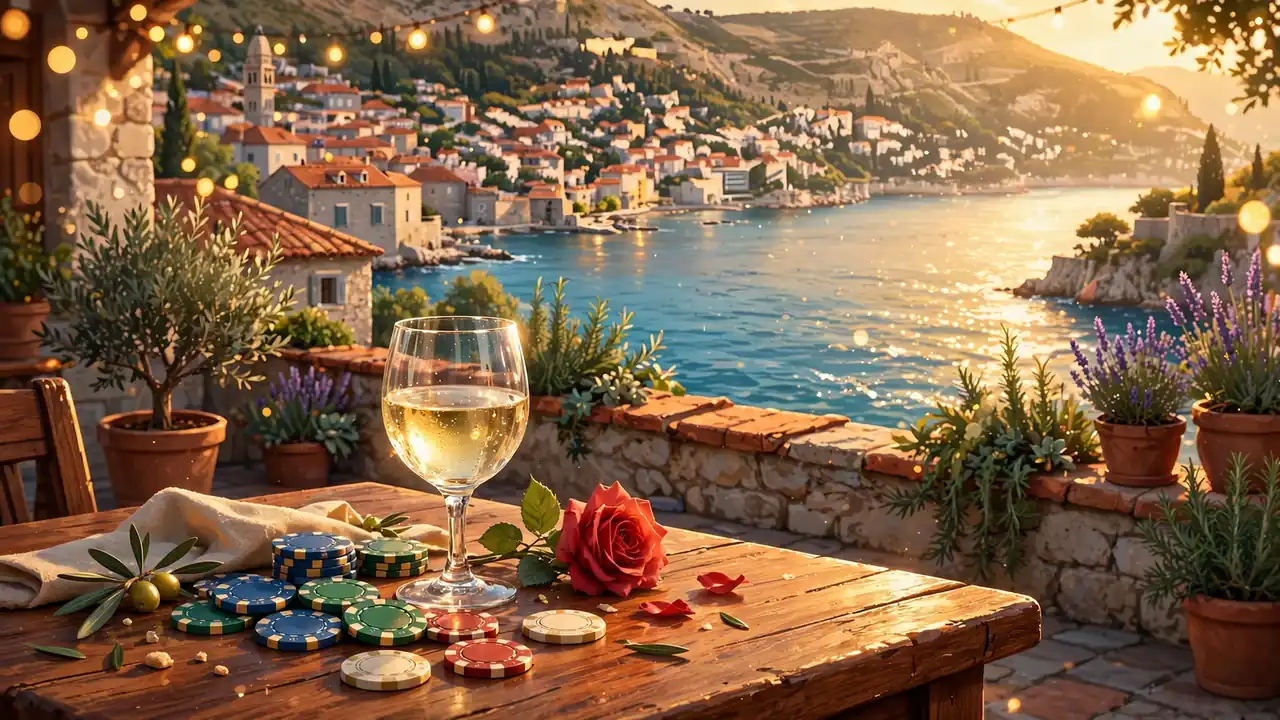 Hrvatska obala s kockarskim žetonima i vinom na terasi