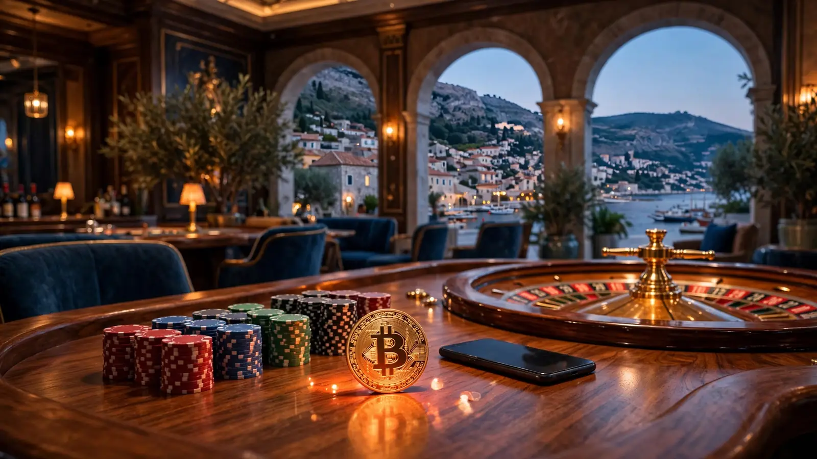 Luksuzni casino interijer s ruletom i bitcoin novčićem uz pogled na hrvatsku obalu