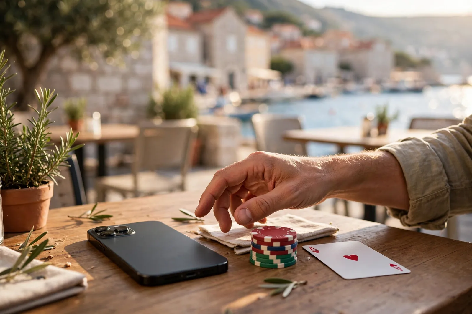 iPhone na stolu uz žetone u hrvatskom primorskom kafiću
