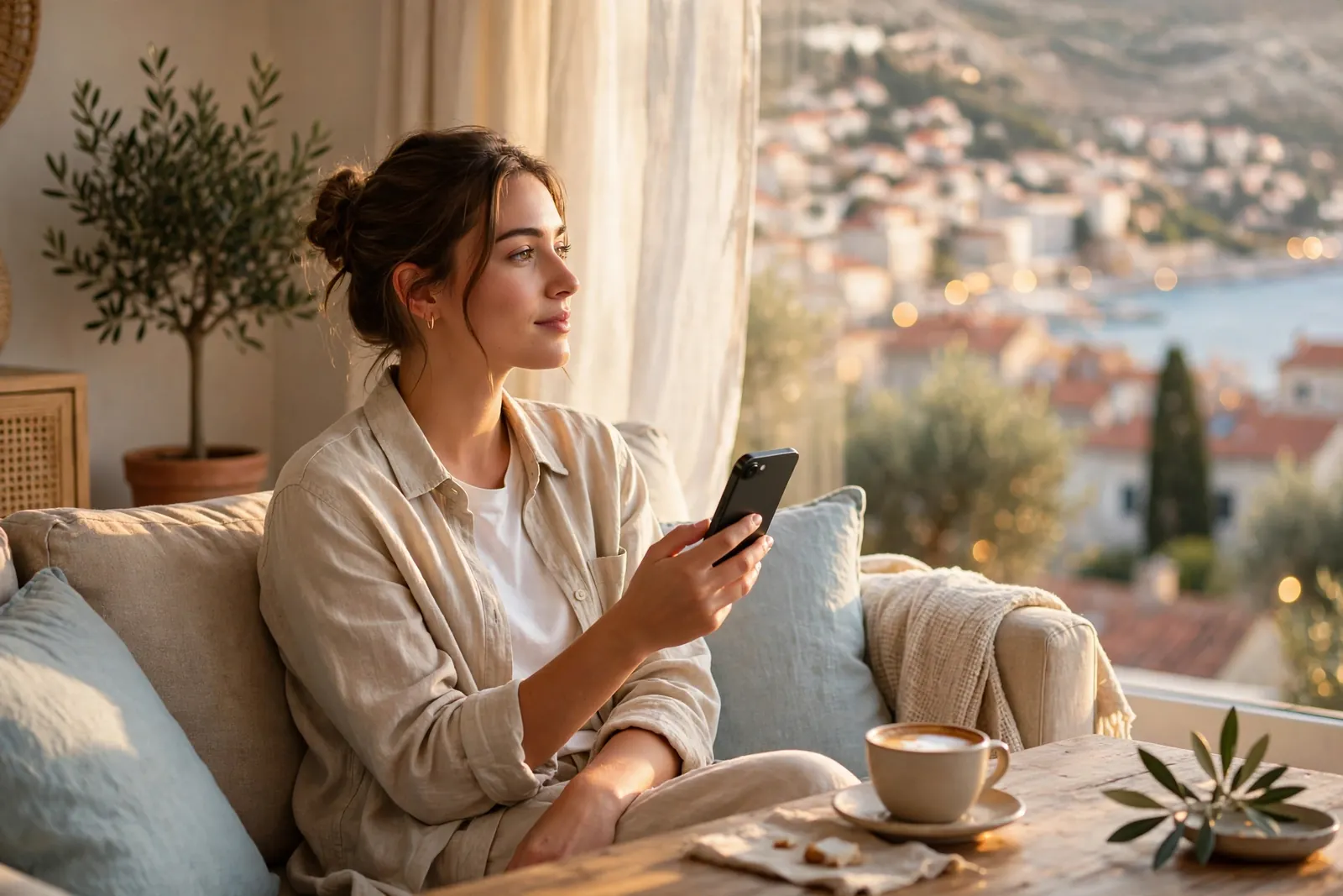 Žena u opuštenom dnevnom boravku drži moderni smartphone uz kavu