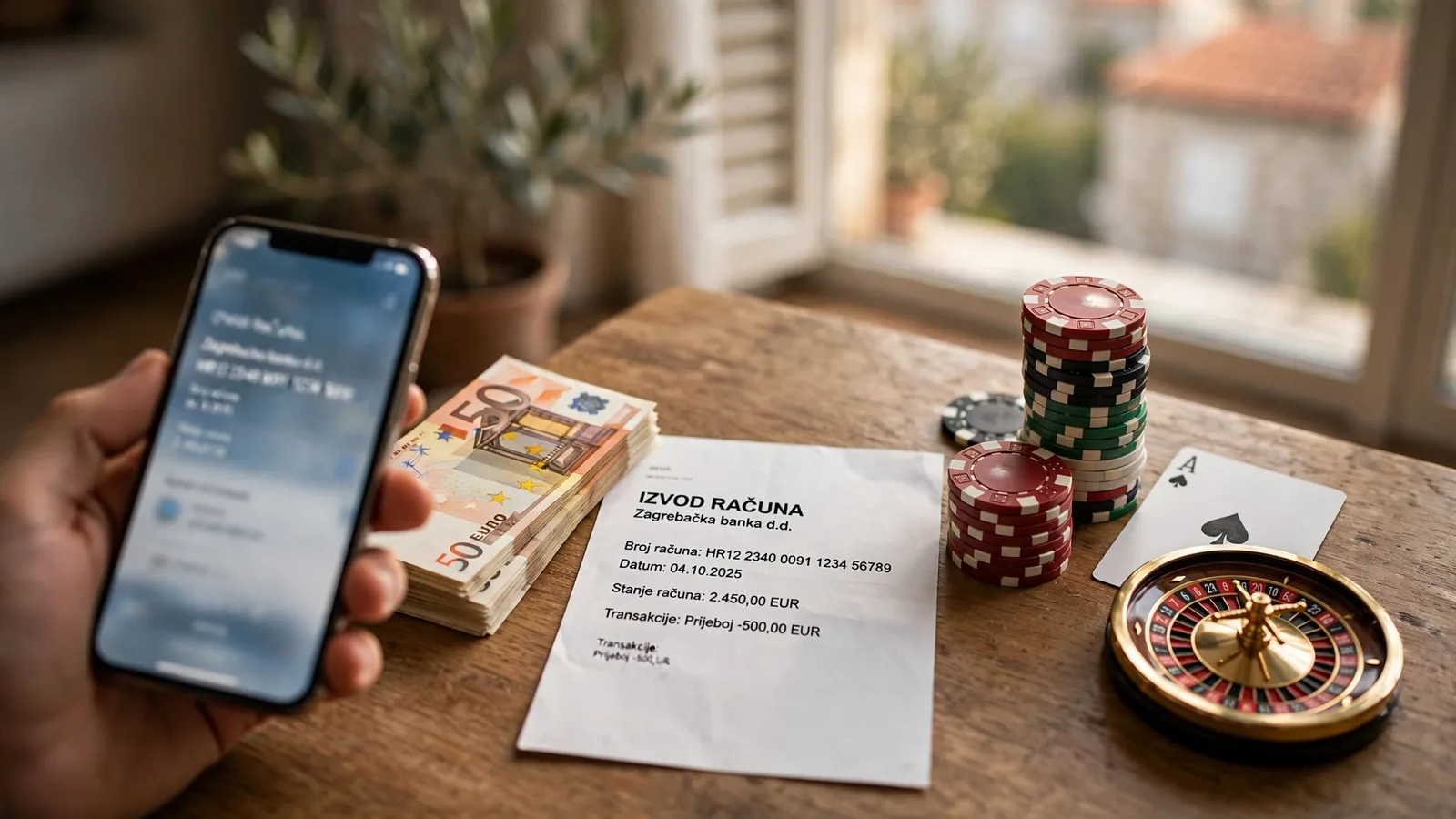 Novčanice, casino žetoni i telefon na stolu
