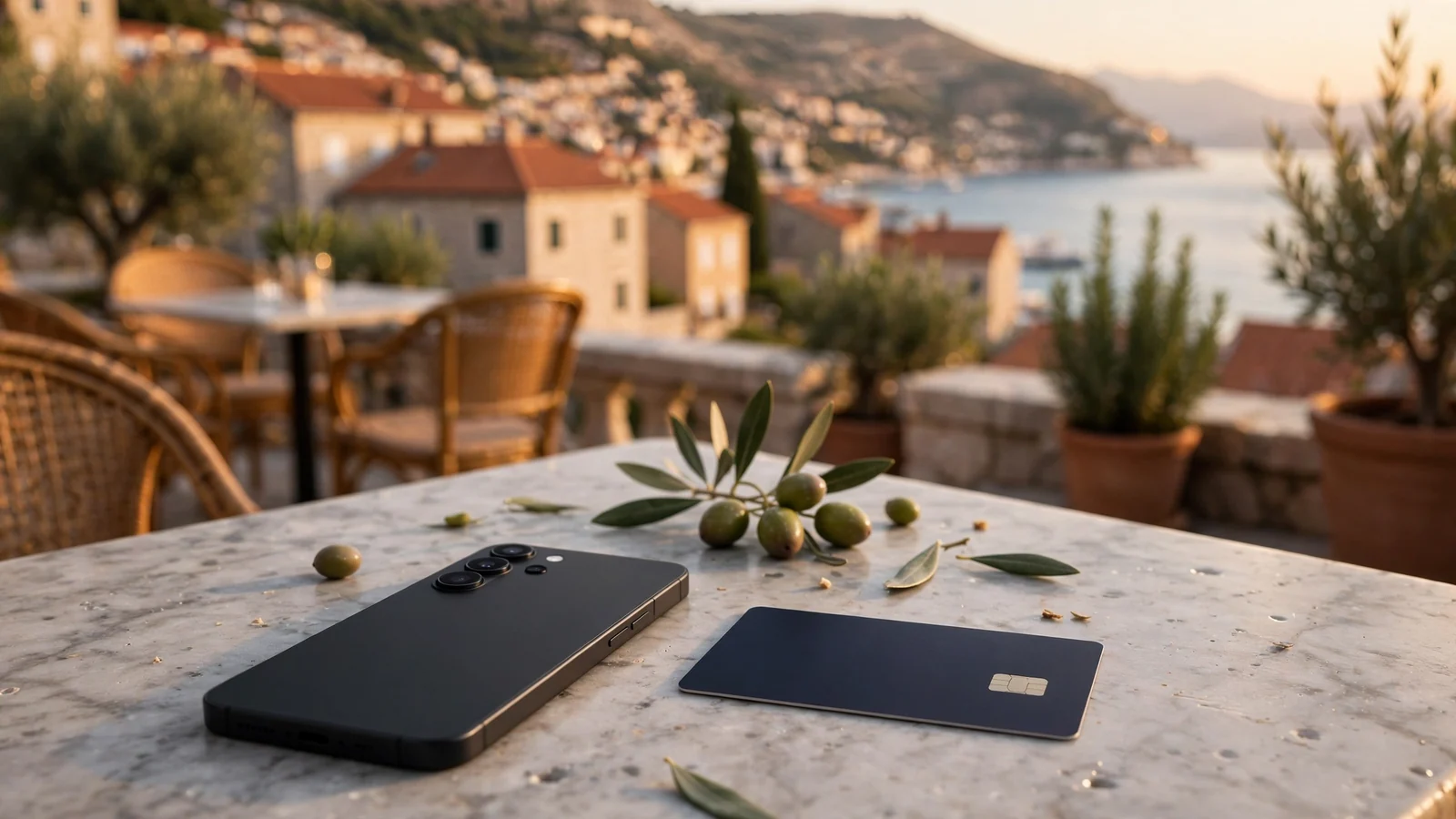 Revolut kartica i mobitel na terasi kafića uz Jadransko more u Hrvatskoj