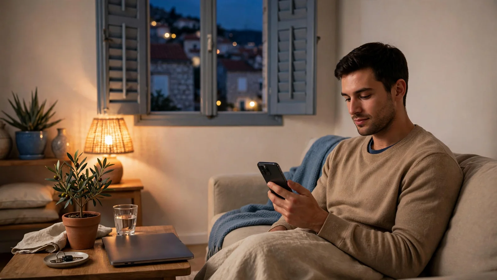 Osoba koristi pametni telefon u modernom hrvatskom dnevnom boravku navečer