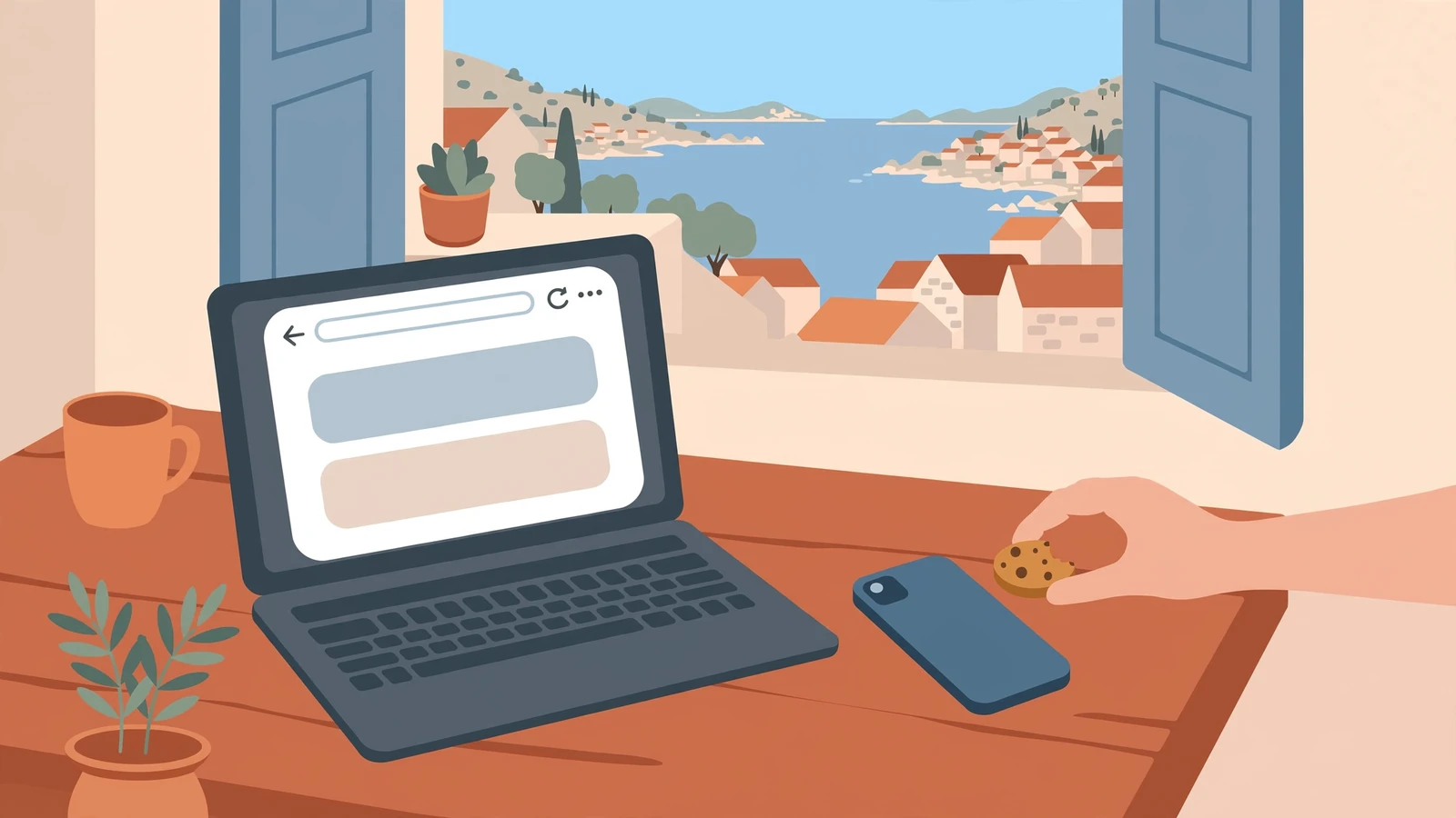 Ilustracija preglednika na stolu s malim kolačićem