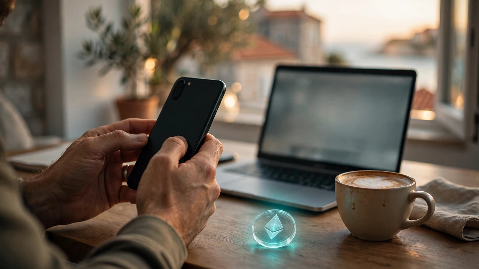 Radna površina s pametnim telefonom, Ethereum tokenom i laptopom uz mediteransko svjetlo.