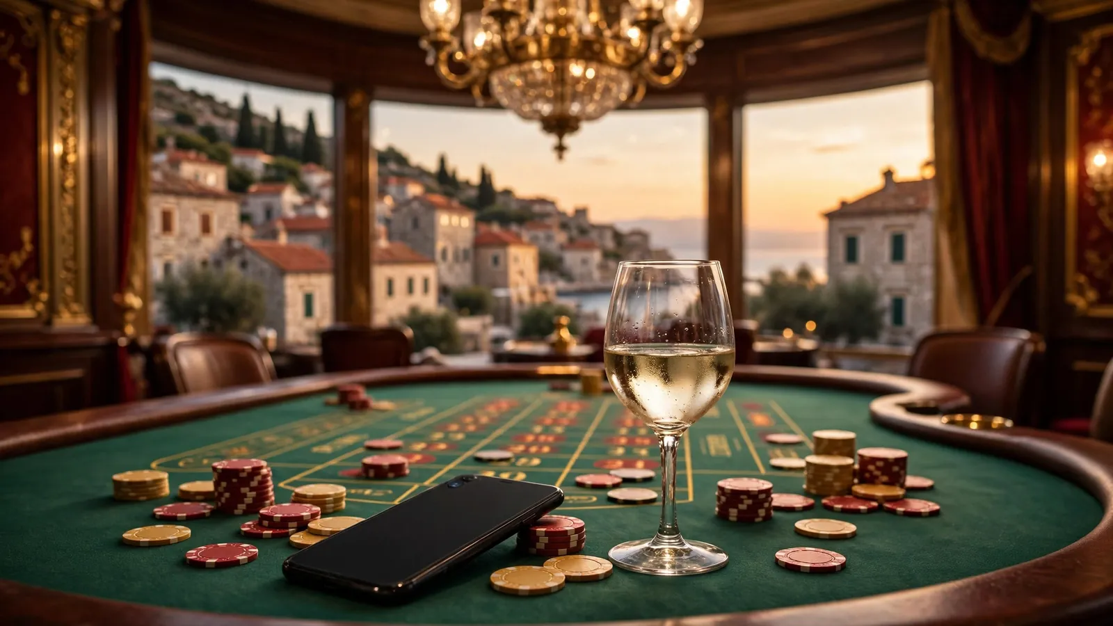 Elegantna casino scena s ruletom i čipovima na stolu uz smartphone okrenut zaslonom prema dolje.