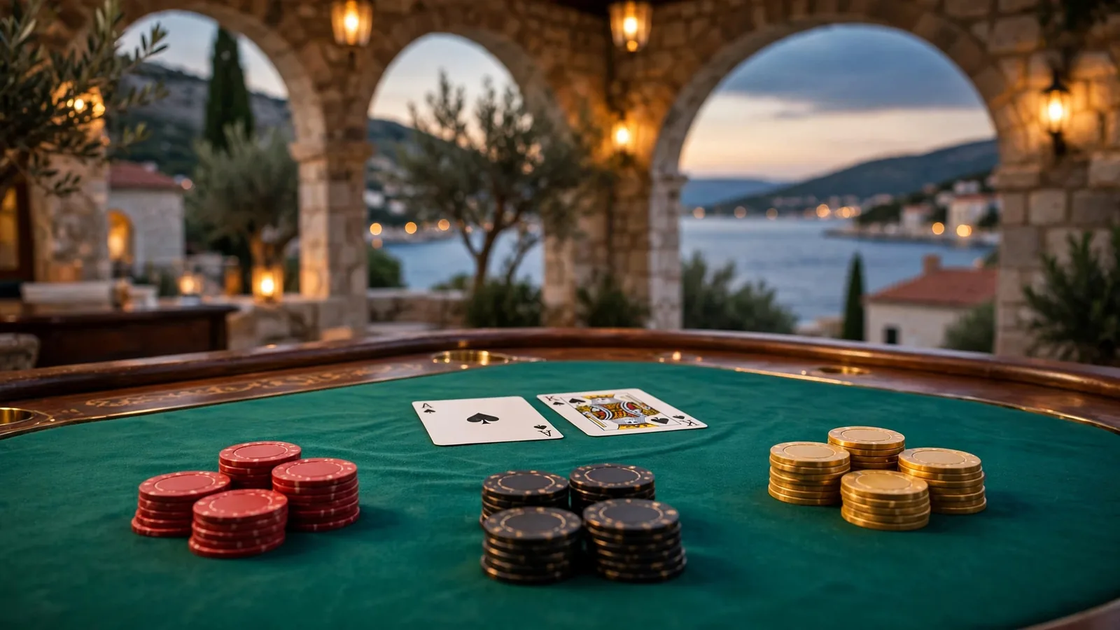 Elegantni blackjack stol s hrpom žetona i kartama na crvenom stolu u kasinu.