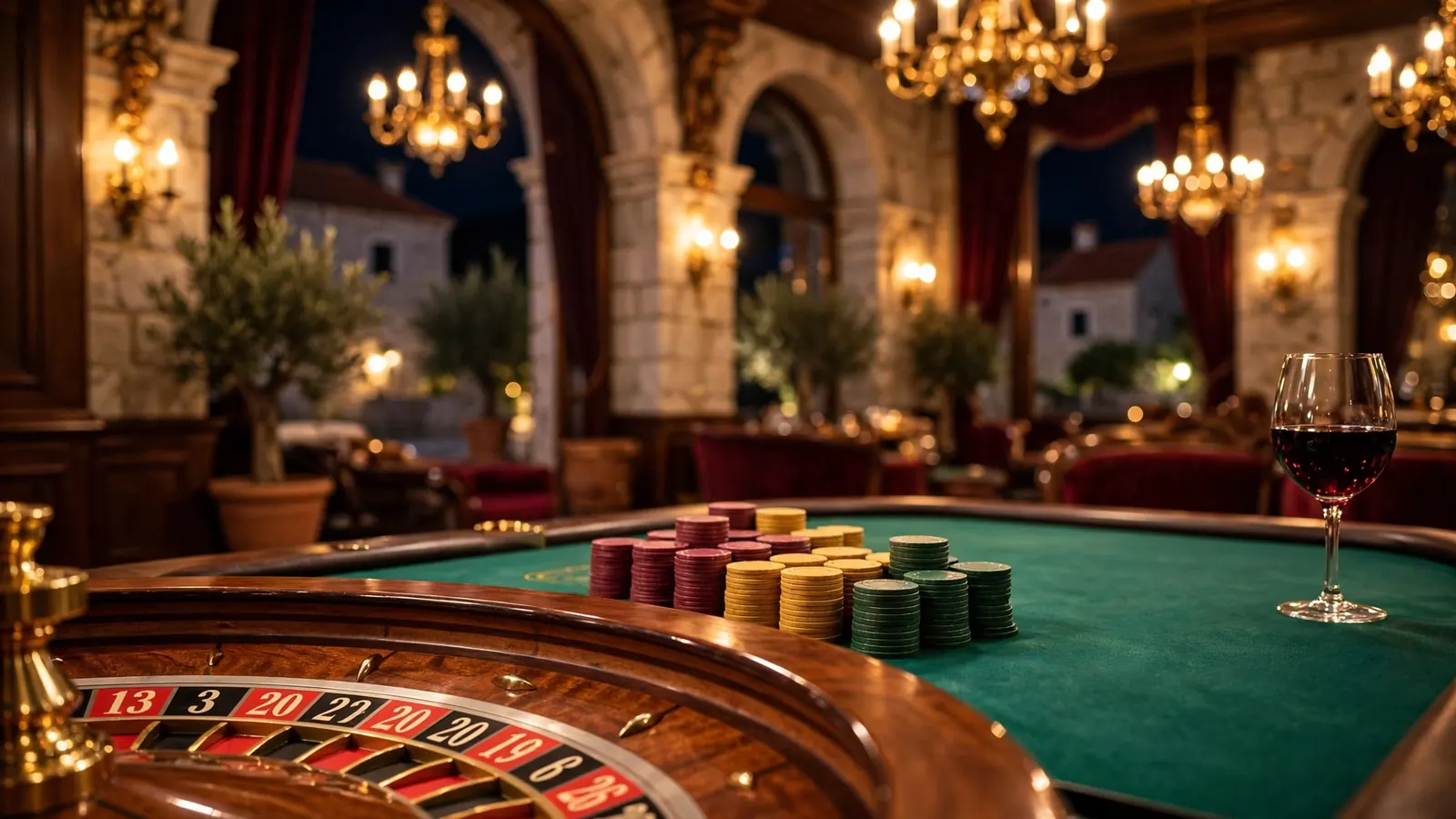 Elegantni casino interijer s blackjack stolom i ruletom u toplom zlatnom svjetlu