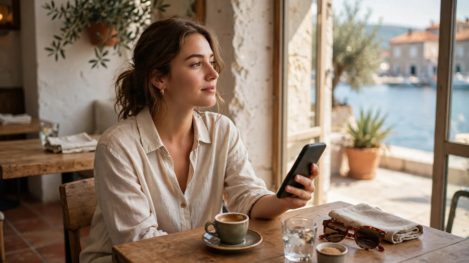 Mlada Hrvatica u splitskom kafiću drži pametni telefon uz šalicu espressa