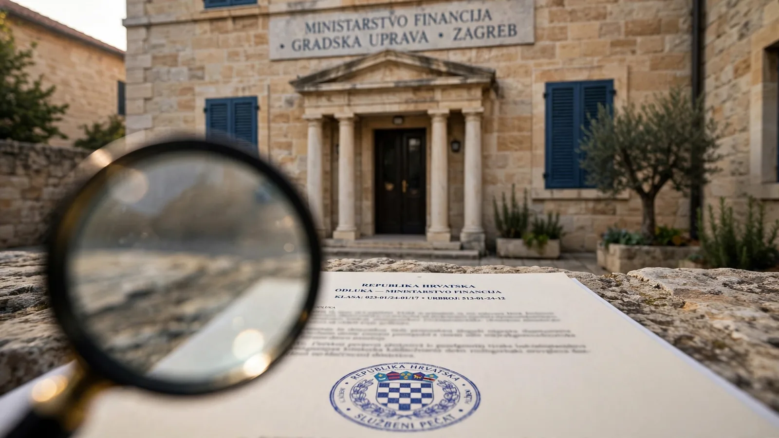 Službena zgrada Ministarstva financija Republike Hrvatske s povećalom i dokumentom