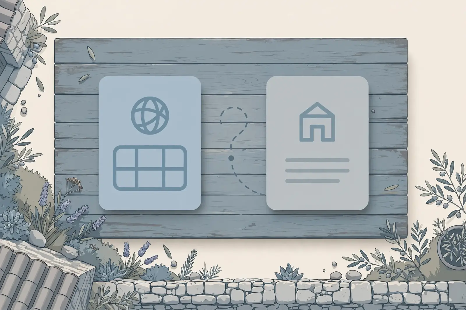 Dvije kartice na stolu: naziv stranice i naziv pravne osobe povezani upitnikom