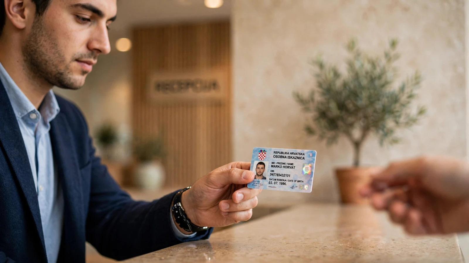 Mladić predaje osobnu iskaznicu na recepciji radi identifikacije