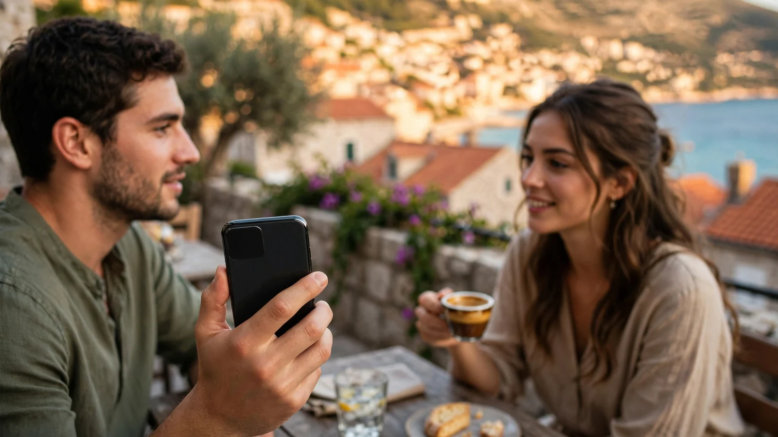 Par u kafiću na hrvatskoj obali drži pametni telefon uz pogled na more