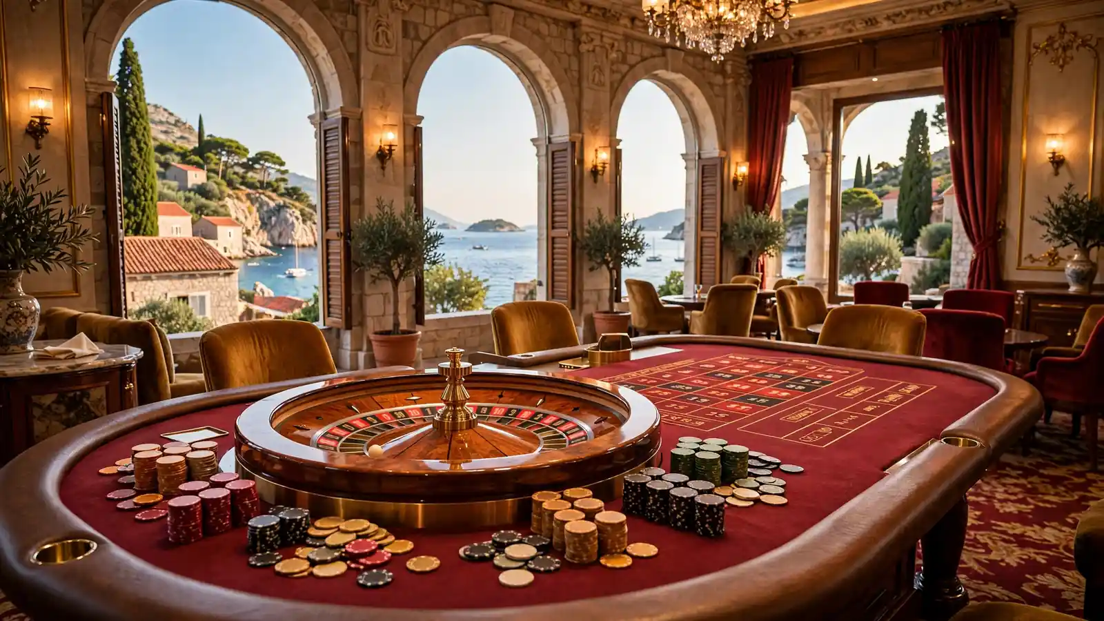 Elegantna casino scena s ruletnim stolom u toploj ambijentalnoj rasvjeti