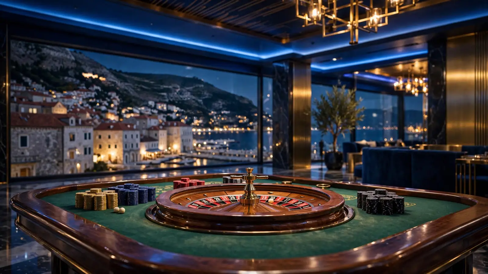 Elegantno casino interijer s ruletom i pogledom na hrvatski obalni grad noću