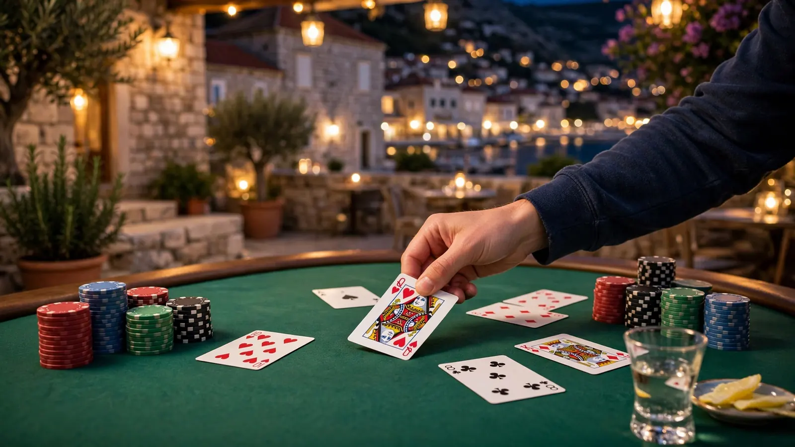 Elegantna karta za blackjack u hrvatskom casinu s ulošcima i kartama na stolu