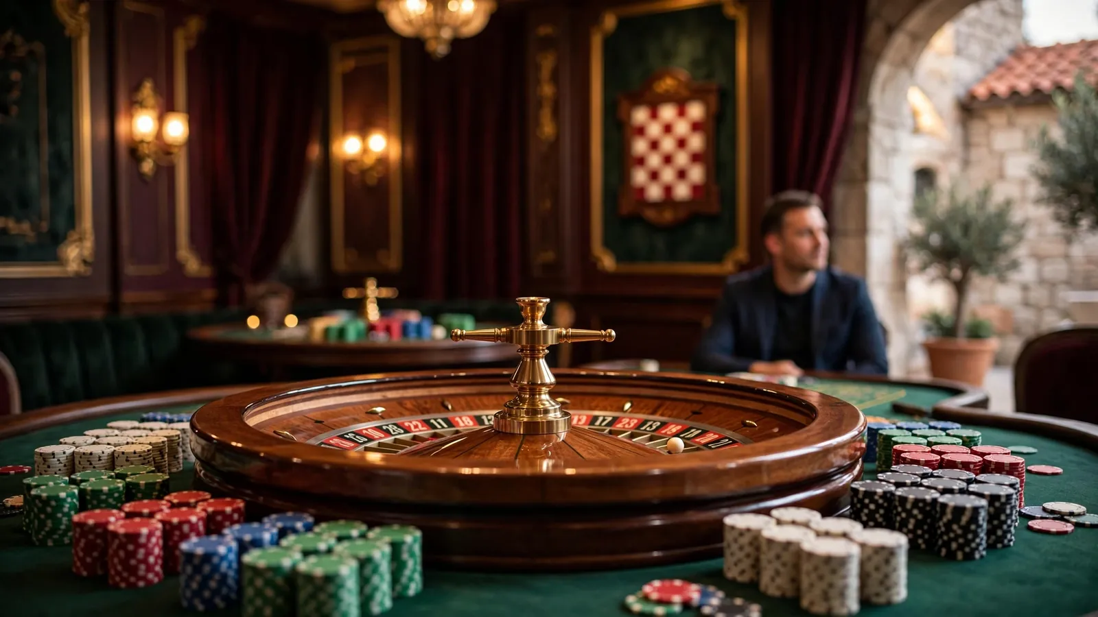 Klasični kotač ruleta s ulošcima na zelenom stolu u elegantnom interijeru