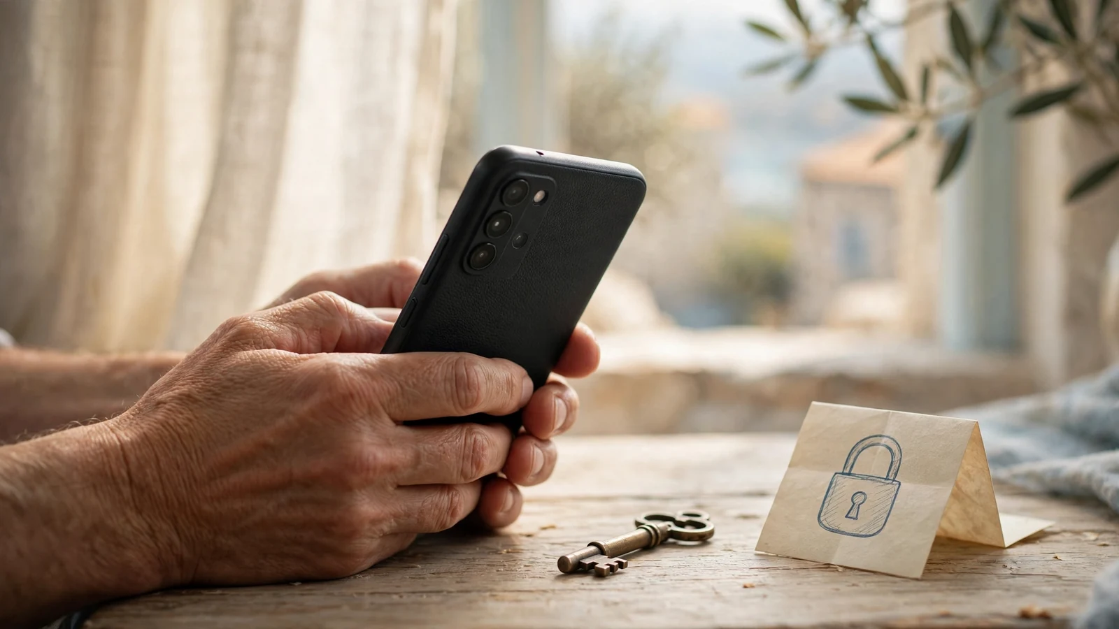 Ruke drže pametni telefon zaslonom od okrenutim na stolu s ključem