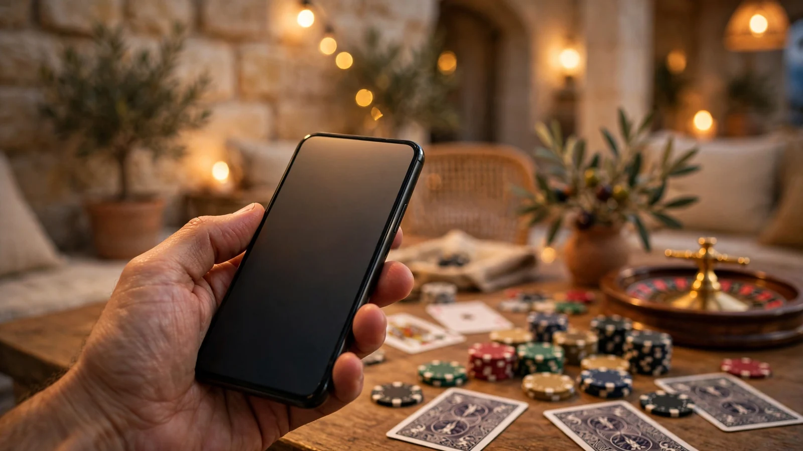 Ruka drži pametni telefon uz stol s kockicama i kartama u casinu