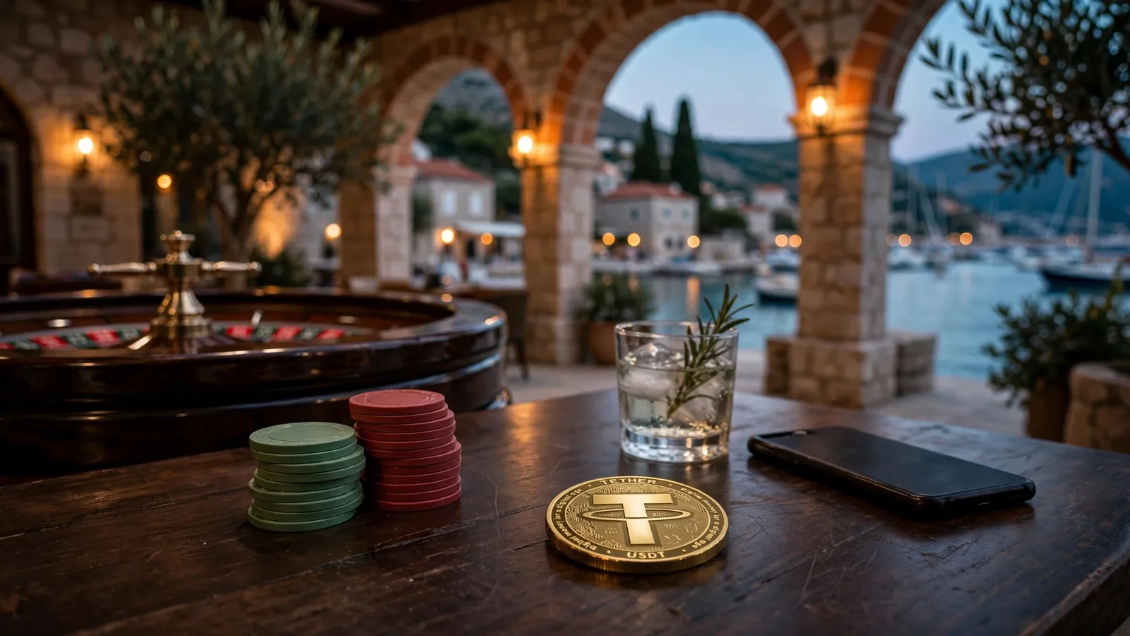 Elegantni casino lounge na hrvatskoj obali s čipovima i Tether tokenom na stolu