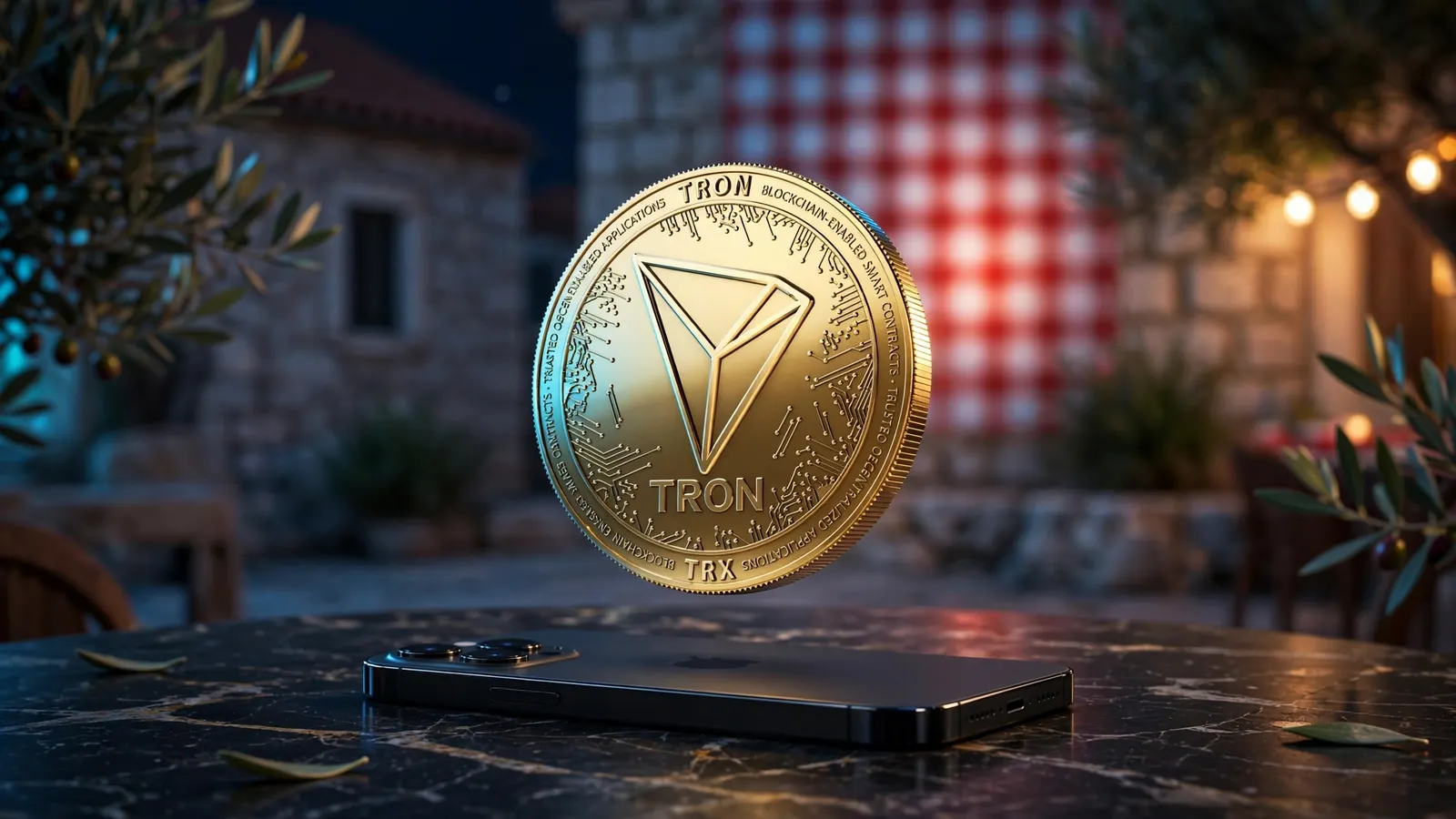 TRON kriptovaluta i mobitel na stolu, hrvatska pozadina